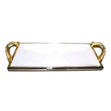 Jiallo 14.25" Rectangular Feather Ceramic Tray with Handle in Silver/Gold